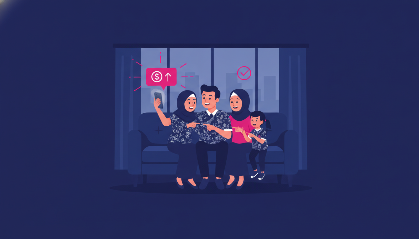 a cheerful Indonesian family at home receiving a mobile notification of incoming money transfer, looking happy and relieved