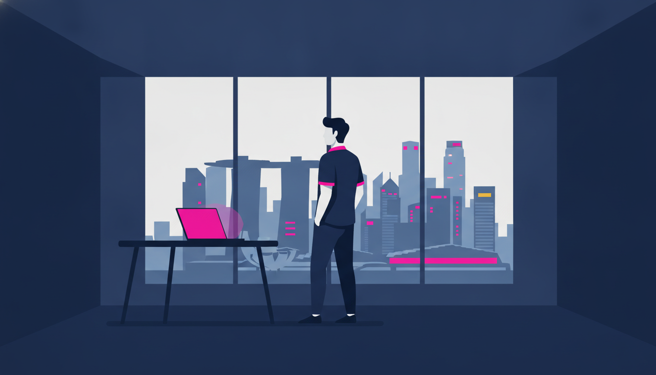 Bagaimana Kerja di Singapura: Panduan Lengkap dan Praktis 2 a young Indonesian professional in smart casual attire looking out at the Singapore skyline from an office window, with a laptop open on the desk beside them