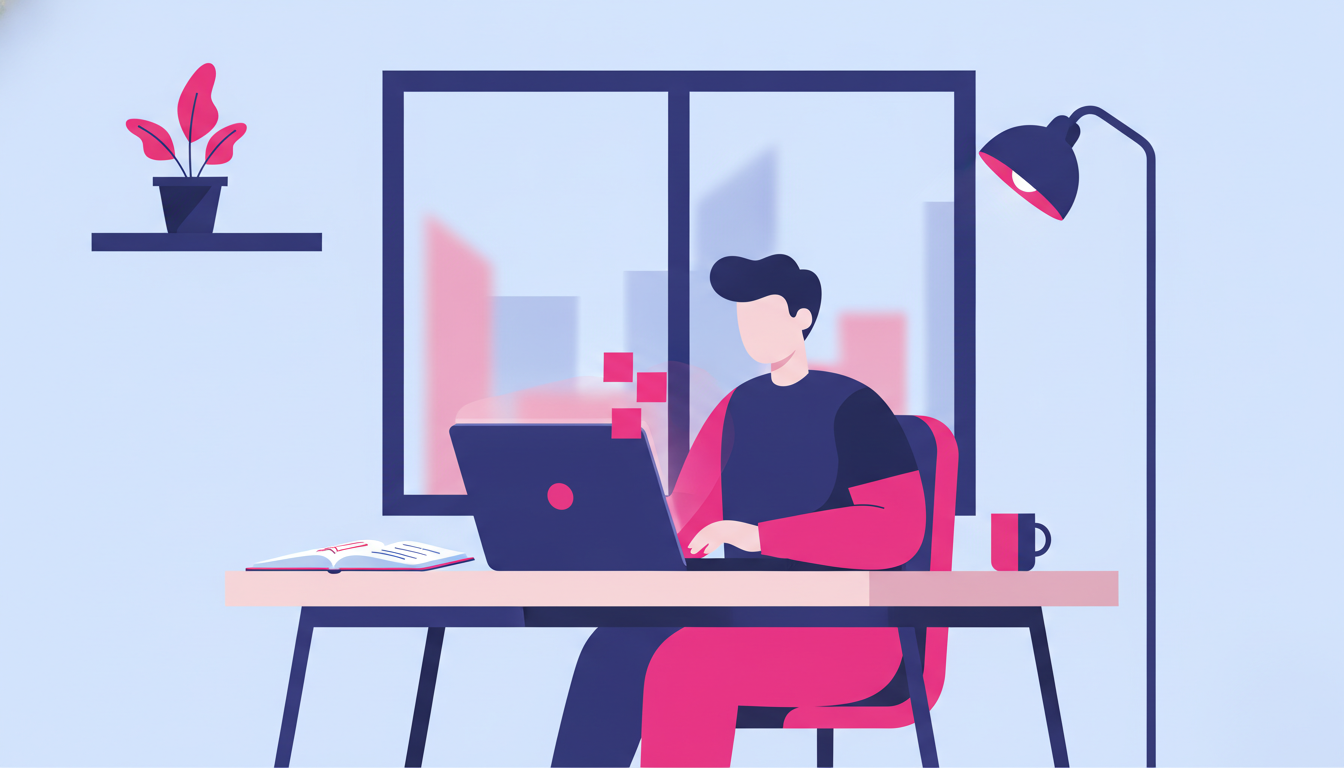 Bagaimana Kerja di Singapura: Panduan Lengkap dan Praktis 4 a person sitting at a wooden desk at home, focused on their laptop screen while preparing a resume with sticky notes and a notebook nearby