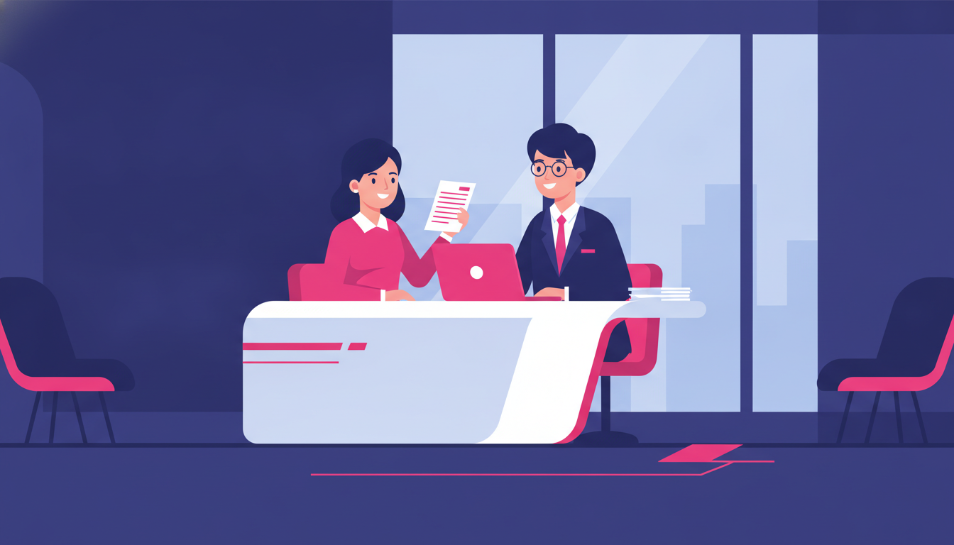 Bank Luar Negeri: Panduan Lengkap untuk Pemula 2 a young Indonesian woman sitting at a modern bank branch abroad, speaking with a friendly bank officer across a desk, paperwork and a laptop visible