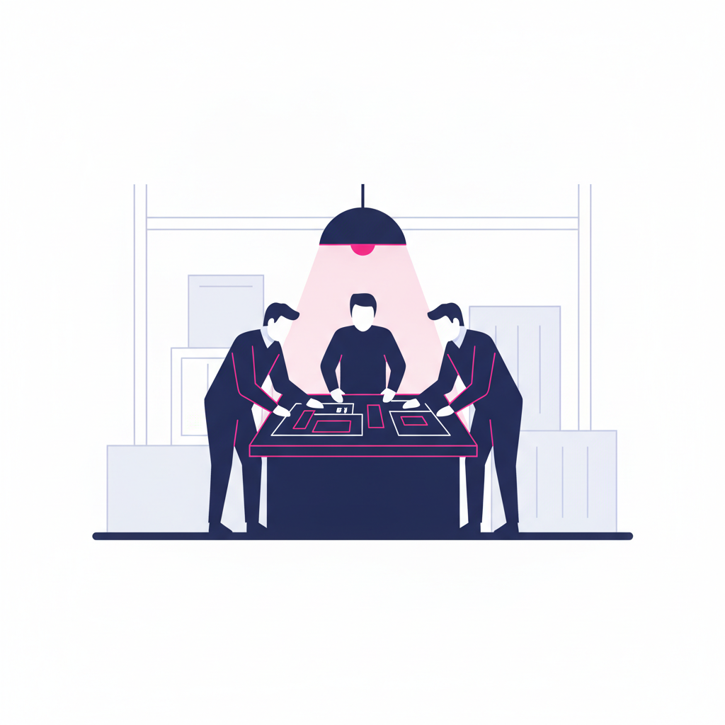 a group of people in dark clothing huddled around blueprints spread on a table under a dim lamp in a warehouse