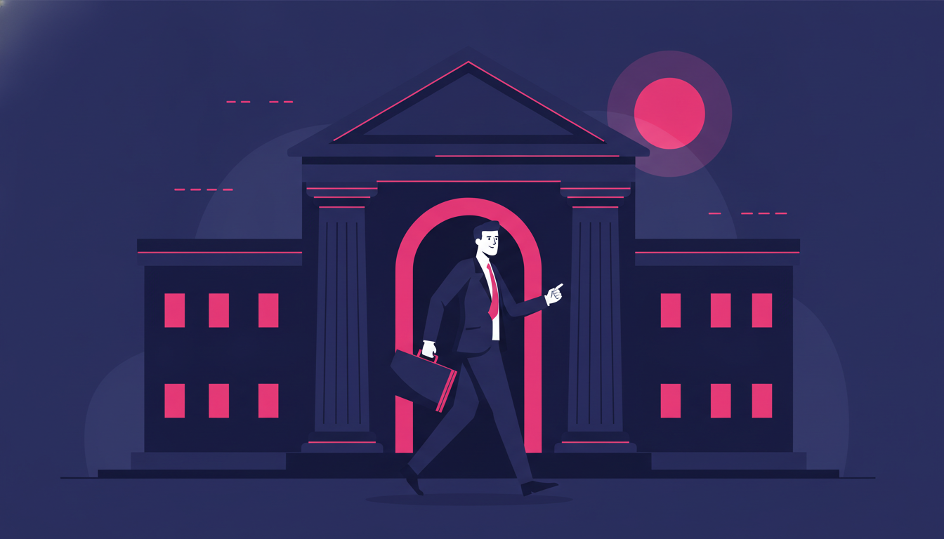 a person in a sharp suit walking confidently out of a grand bank building carrying a briefcase while looking over their shoulder