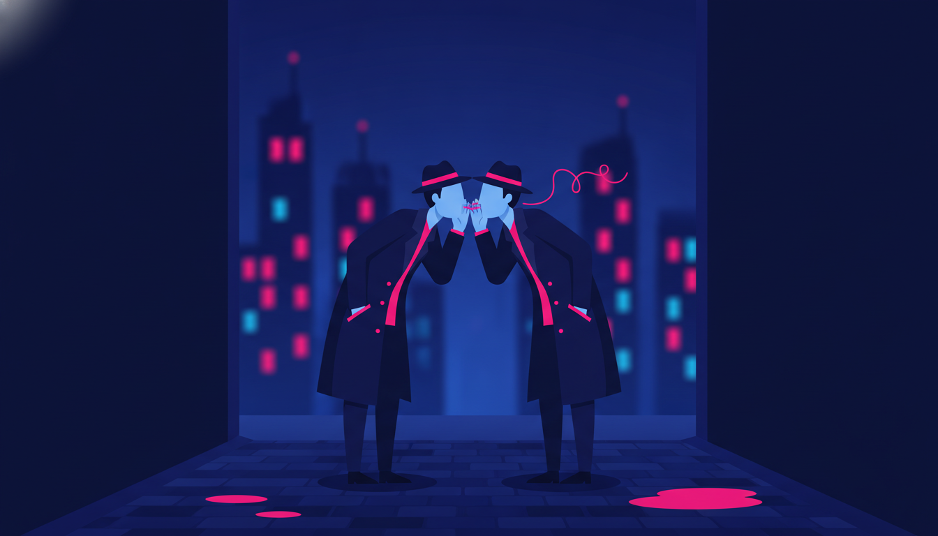 two people whispering to each other in a dimly lit alley at night with city lights visible in the background