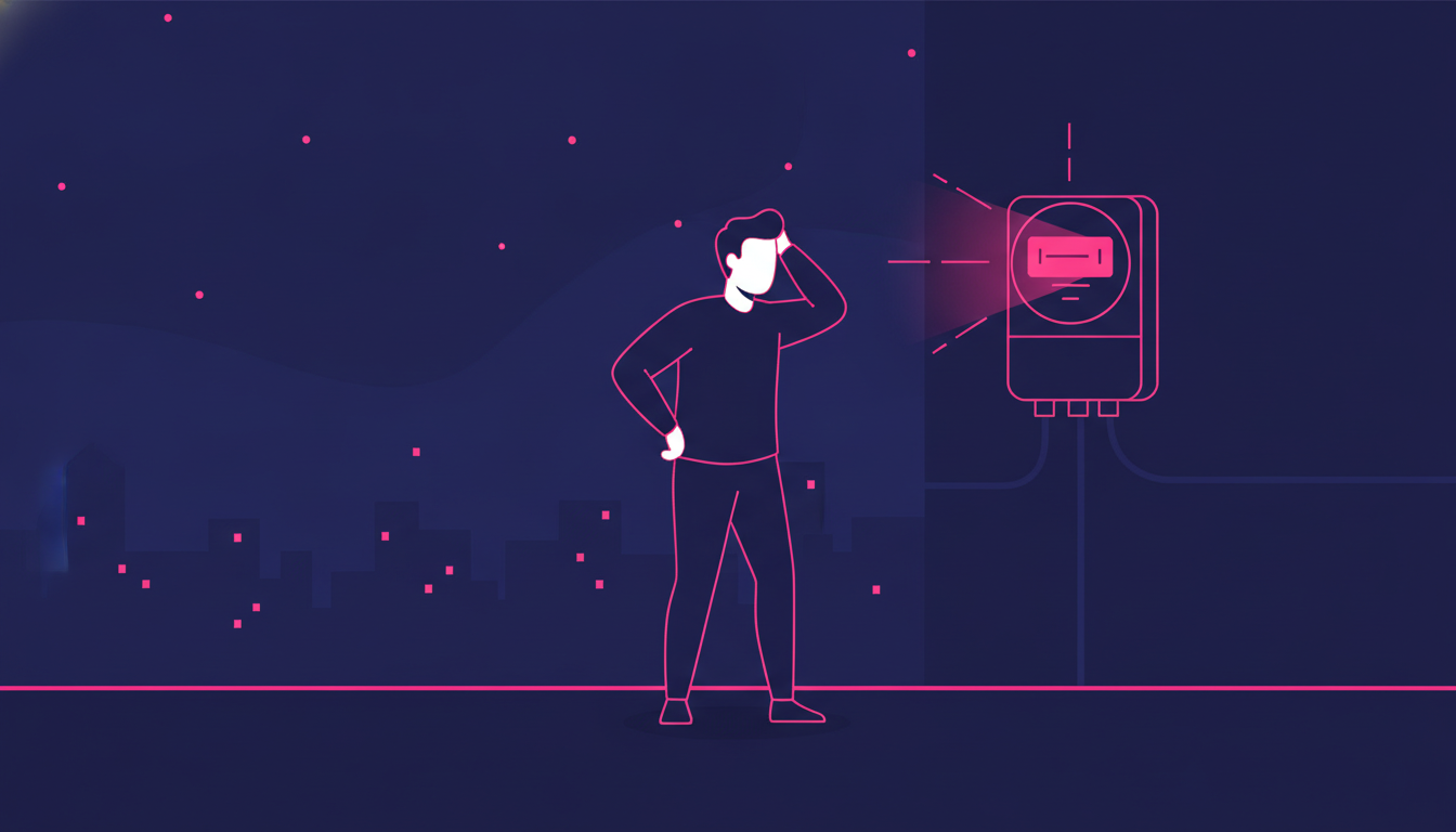 Cara Mematikan Bunyi Token Listrik Permanen dengan Mudah 2 a person standing near an electric meter on a wall at night, looking puzzled at the blinking display