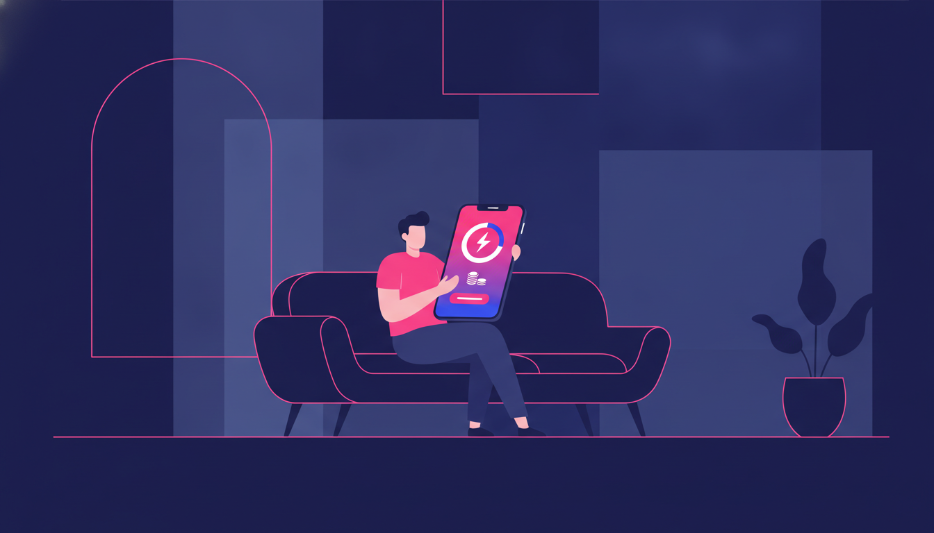 Cara Mematikan Bunyi Token Listrik Permanen dengan Mudah 4 a person using a smartphone app to check electricity token balance, sitting comfortably on a couch at home