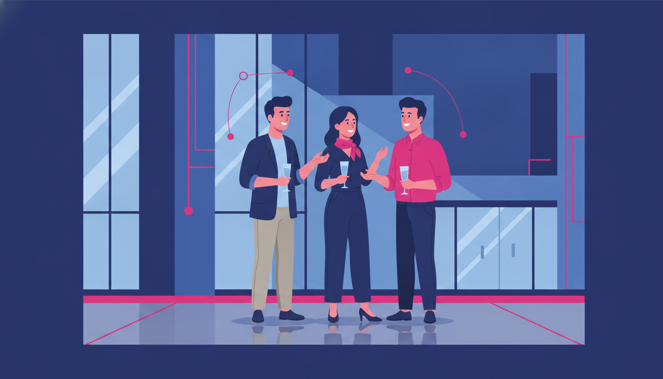 a group of young Indonesian professionals in business casual attire chatting warmly at an international networking event in a modern city hall