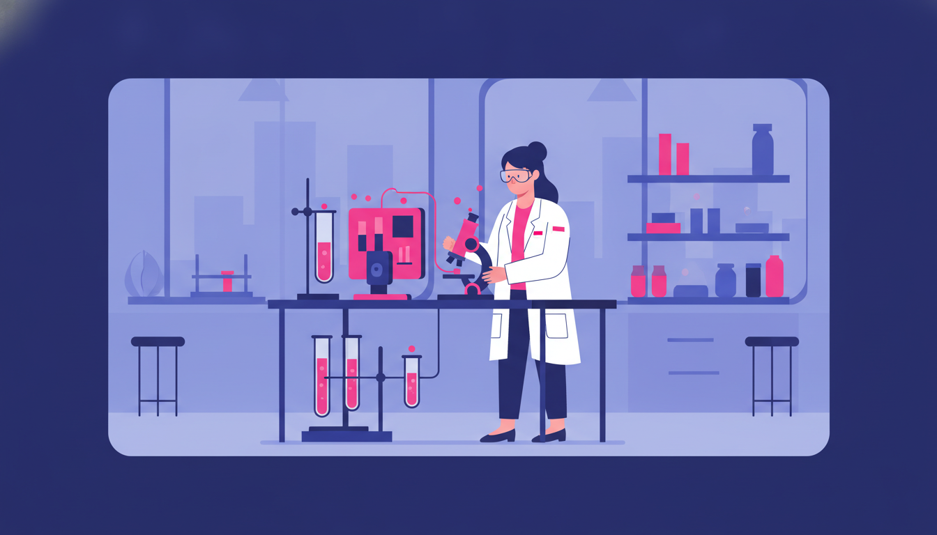 an Indonesian woman in a laboratory coat working on research equipment at a university abroad, with a small Indonesian flag pin on her lapel