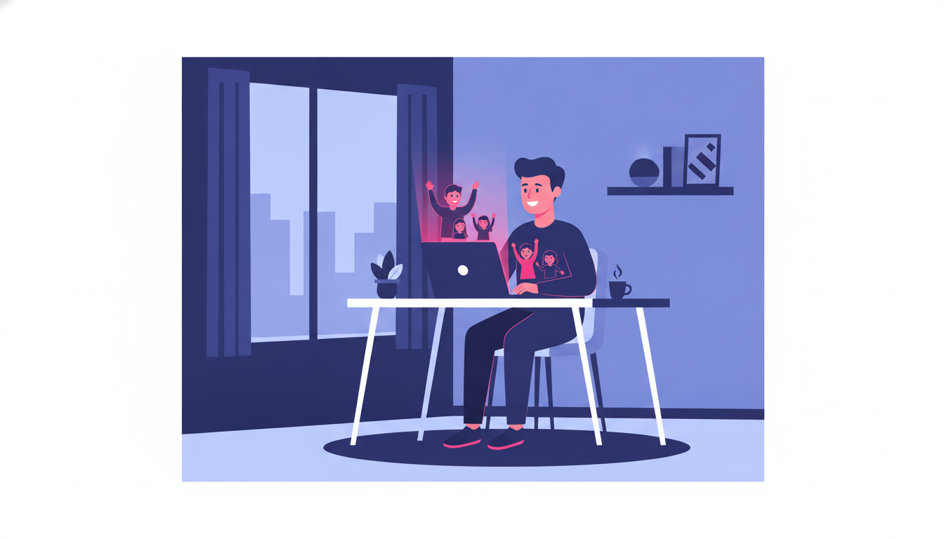 a young Indonesian man sitting alone at a desk in a small apartment abroad, video calling his family on a laptop with a warm smile