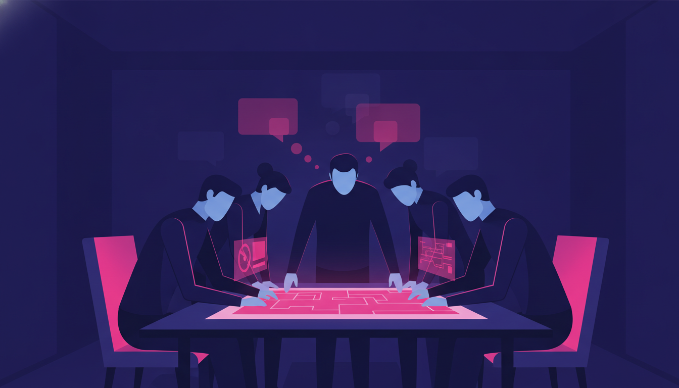 a group of people in stylish clothes huddled around a blueprint spread on a table inside a dimly lit room, planning something intently