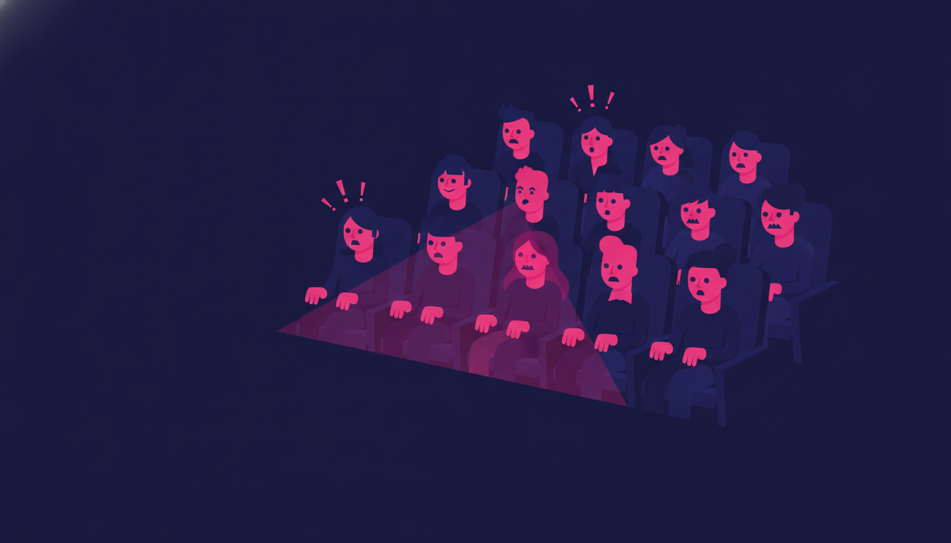 a movie theater audience sitting in the dark, all leaning forward in their seats with expressions of suspense and excitement