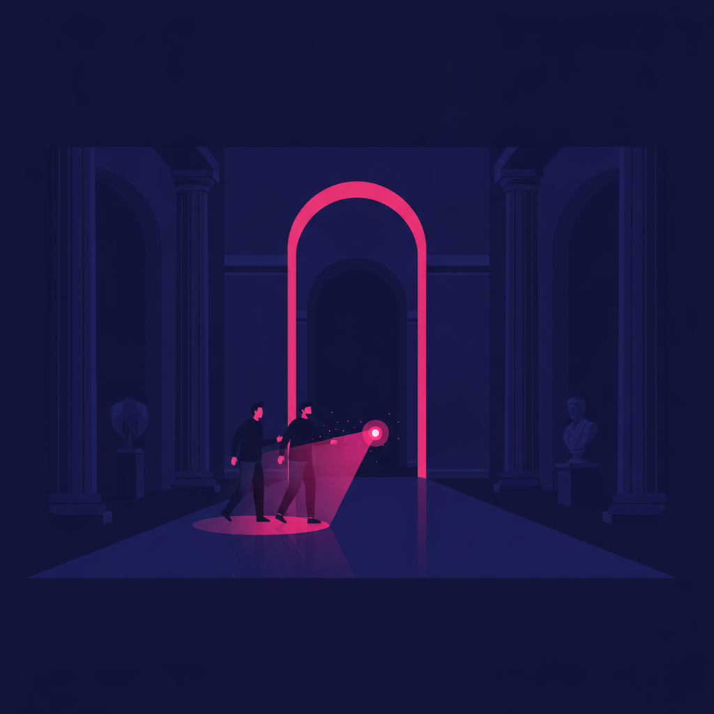 two people in dark clothing carefully moving through a grand museum hallway at night, illuminated only by a small flashlight
