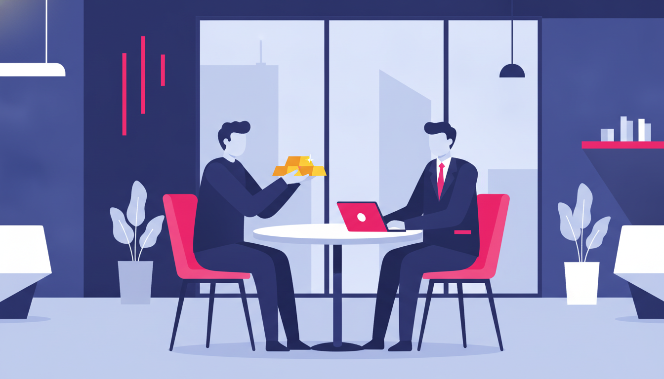 How to Invest in Gold for Beginners: A Simple Guide 2 a person holding a small gold bar in both hands inside a modern bank branch, with a financial advisor sitting across the table