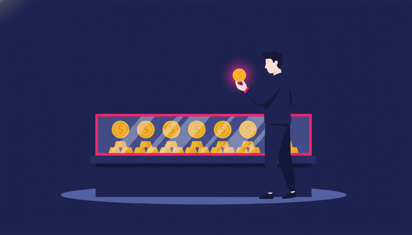 How to Invest in Gold for Beginners: A Simple Guide 3 a display case in a jewelry shop showing gold coins and small gold bars, with a customer examining one piece