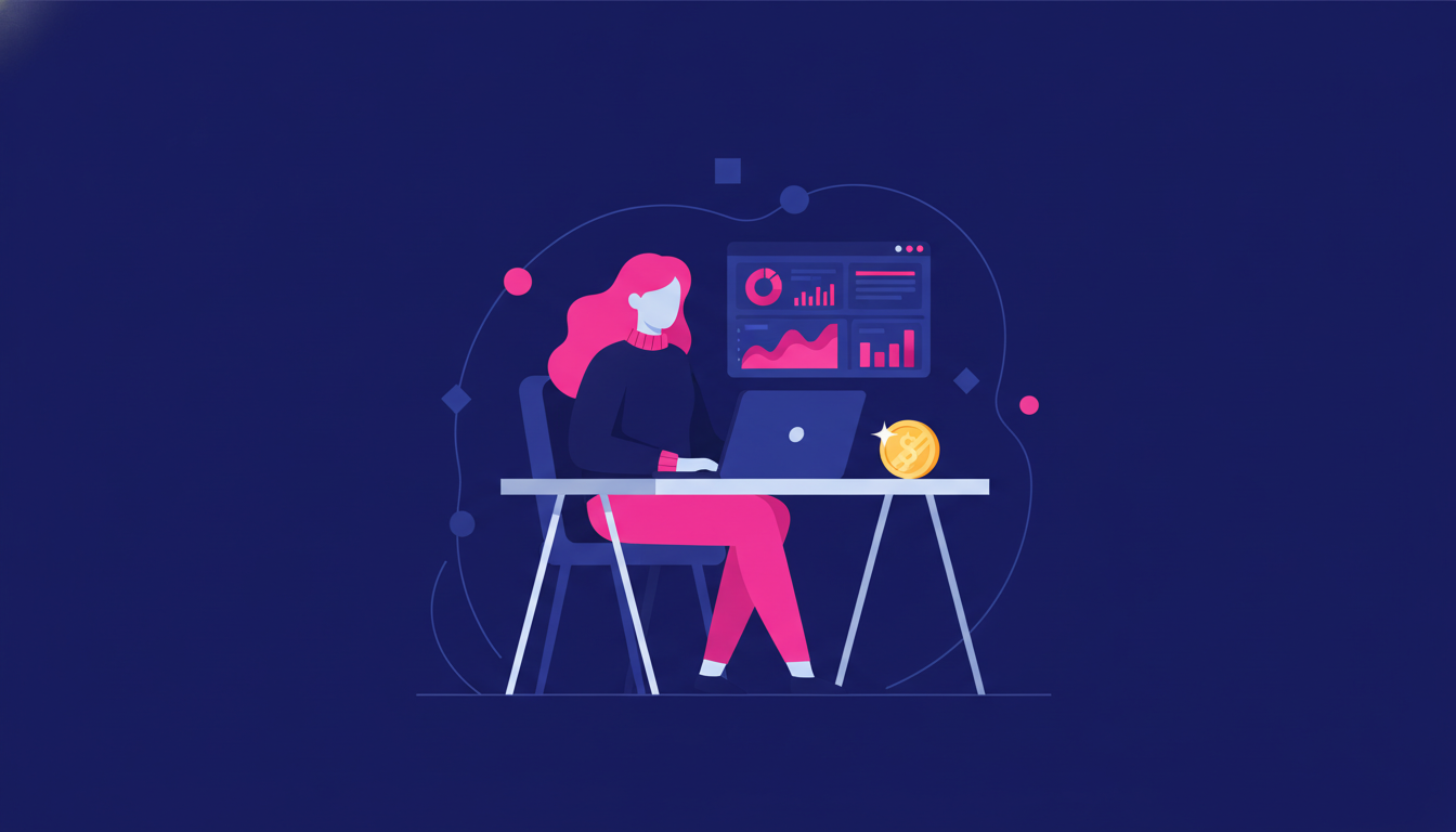 How to Invest in Gold for Beginners: A Simple Guide 4 a young woman sitting at a desk with a laptop open showing a financial app, next to a small decorative gold coin on the table