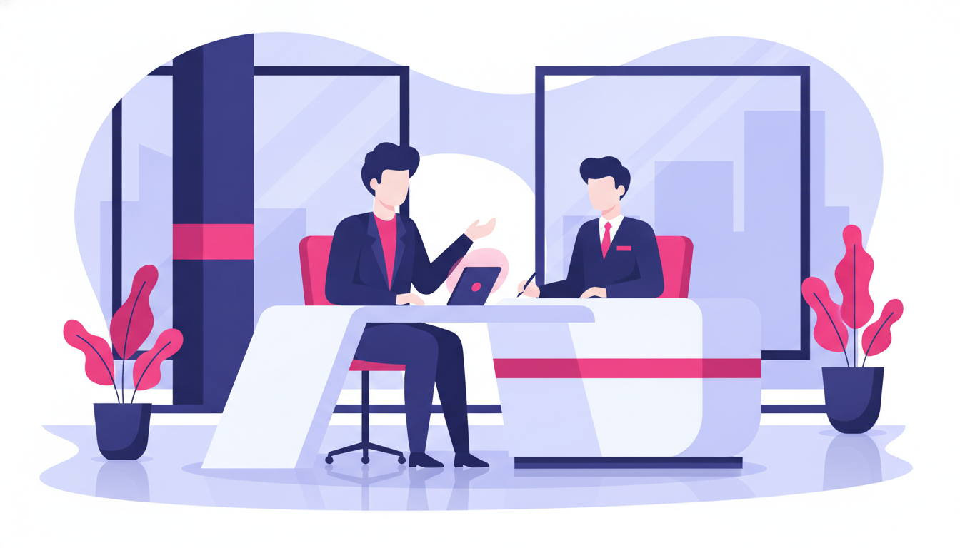 How to Open a Bank Account Abroad: A Beginner's Guide 2 a young professional sitting at a desk in a modern overseas bank branch, speaking to a bank officer across the counter