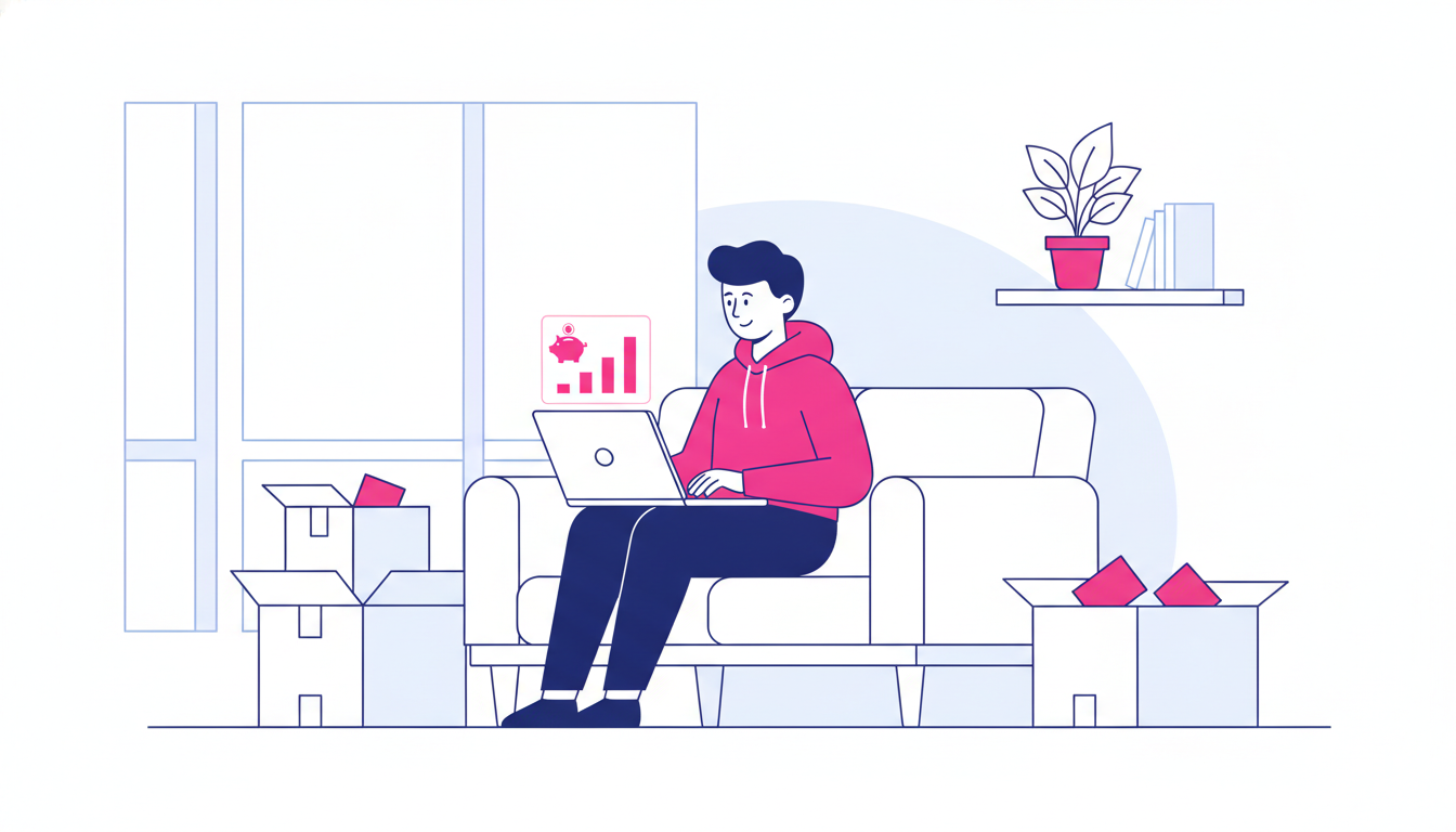 How to Open a Bank Account Abroad: A Beginner's Guide 4 a person using a laptop to research banking options while sitting in a bright apartment with moving boxes in the background