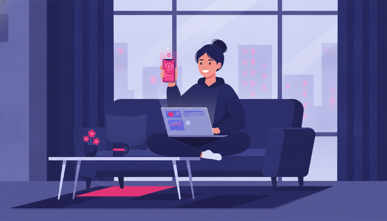 How to Transfer Money from Abroad to Indonesia 2 a young Indonesian woman at a laptop in a cozy overseas apartment, smiling while completing an online money transfer on her phone