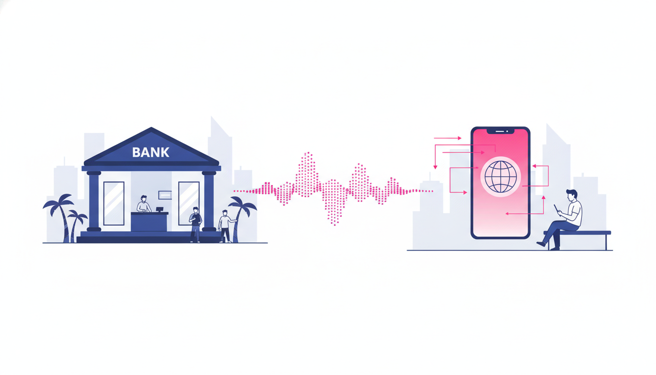 How to Transfer Money from Abroad to Indonesia 4 a split scene showing a traditional bank branch on one side and a person using a mobile remittance app on the other, both in a modern urban setting