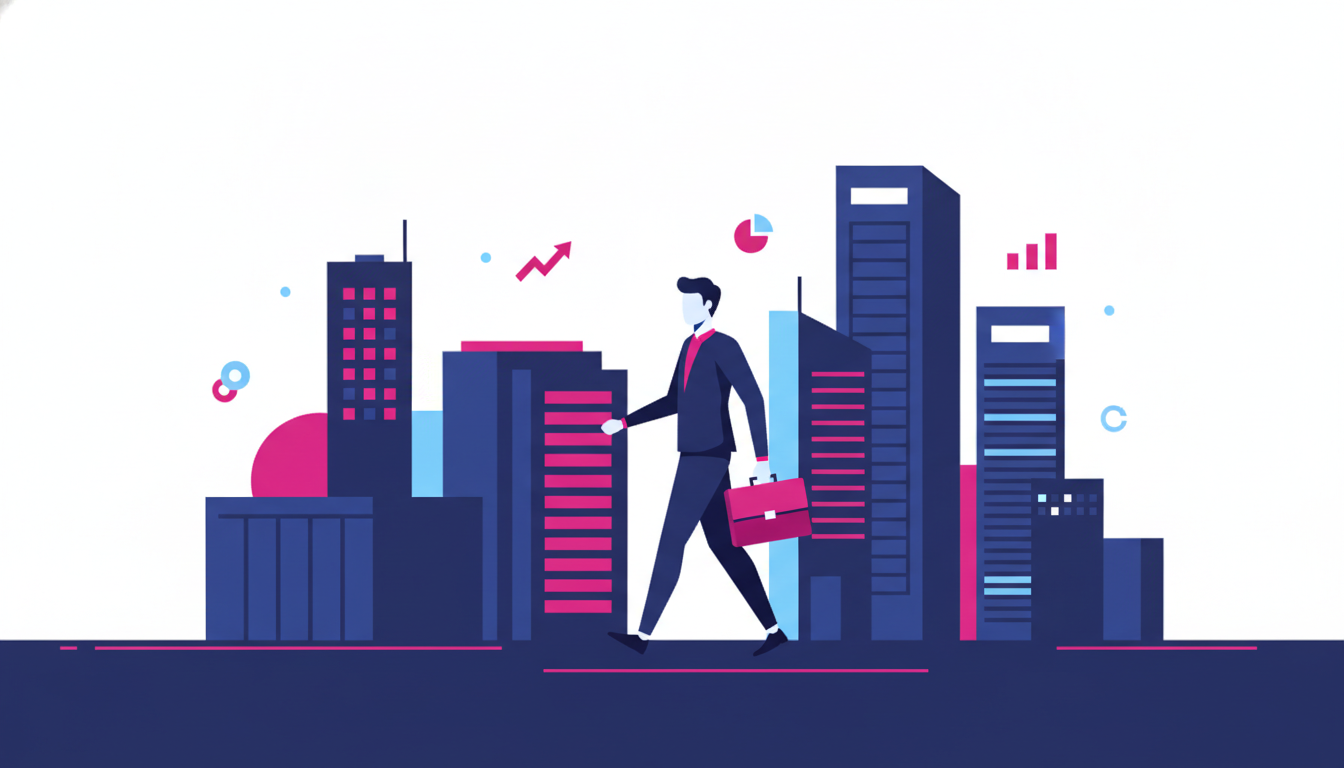 a young professional walking confidently through a modern Singapore business district with glass skyscrapers in the background