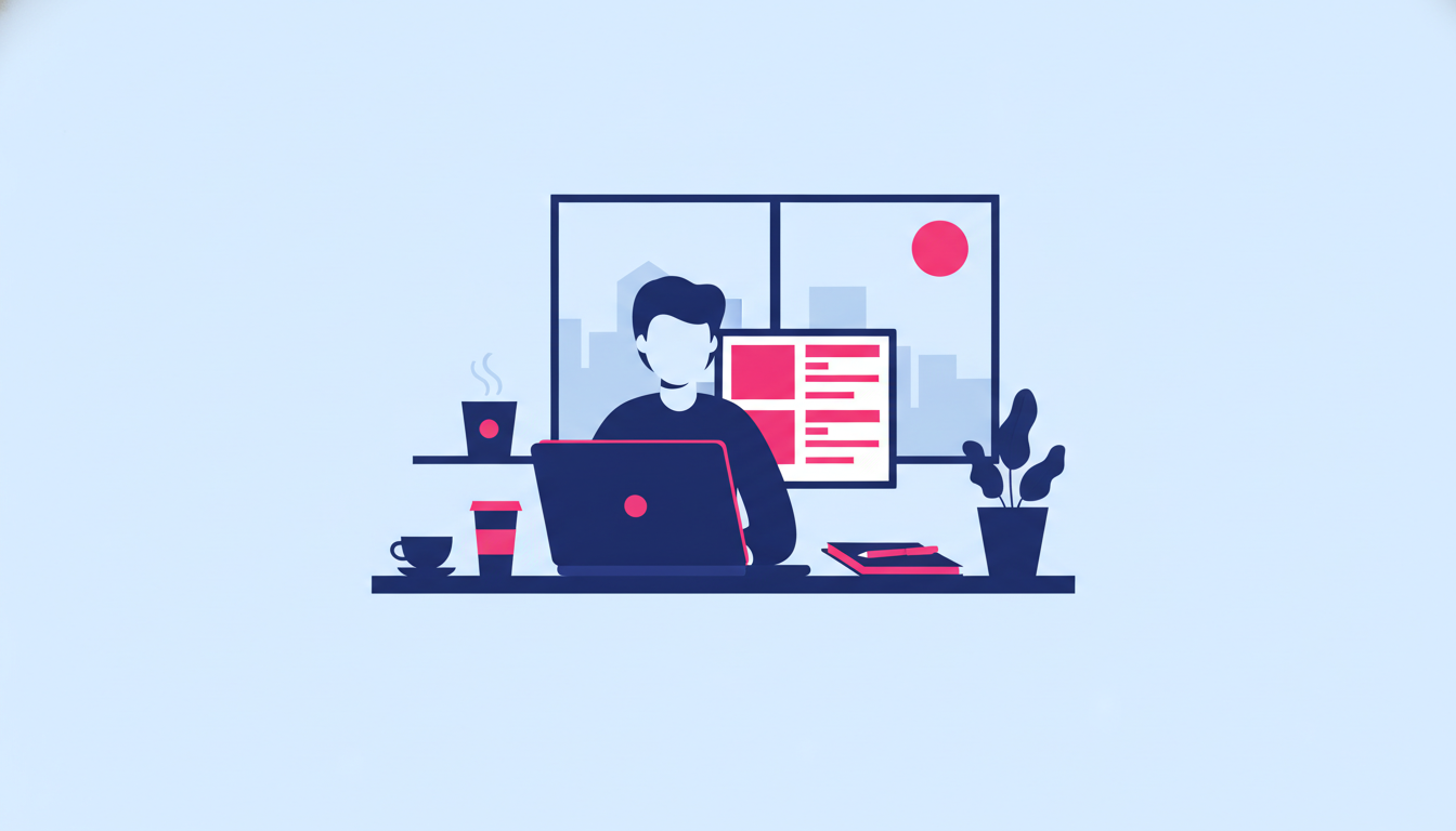 a person sitting at a laptop in a bright cafe, browsing job listings with a notepad beside them