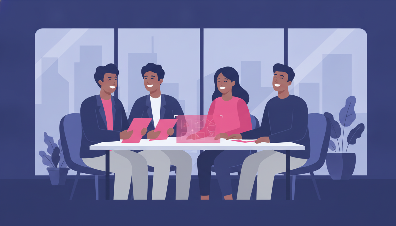 a group of smiling young professionals of Southeast Asian appearance gathered around a table in a modern office abroad, some holding documents, others laughing together