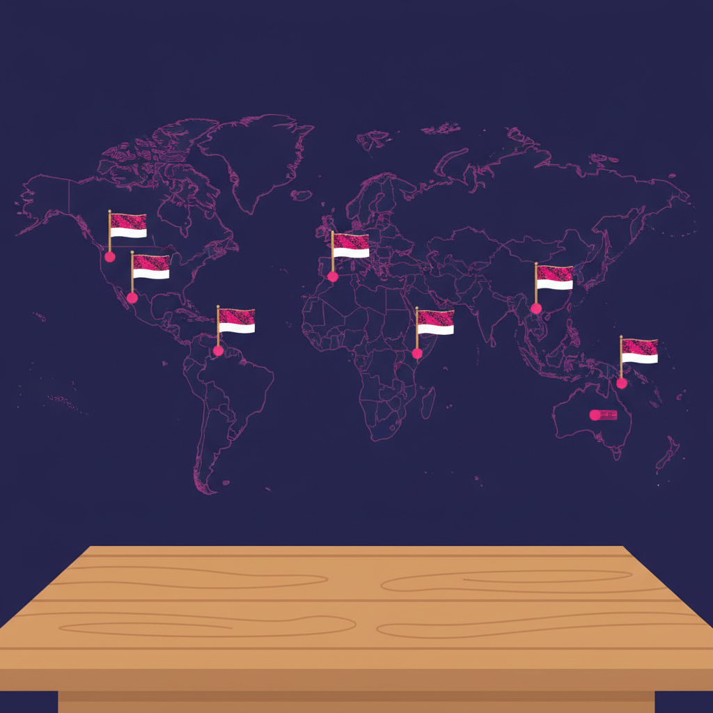 a world map spread out on a wooden table with small handcrafted Indonesian batik flags pinned to multiple countries across different continents