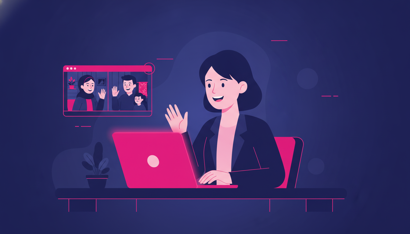 a young Indonesian woman in professional attire at a laptop, video calling family members who appear to be in a rural Indonesian home, both sides smiling warmly