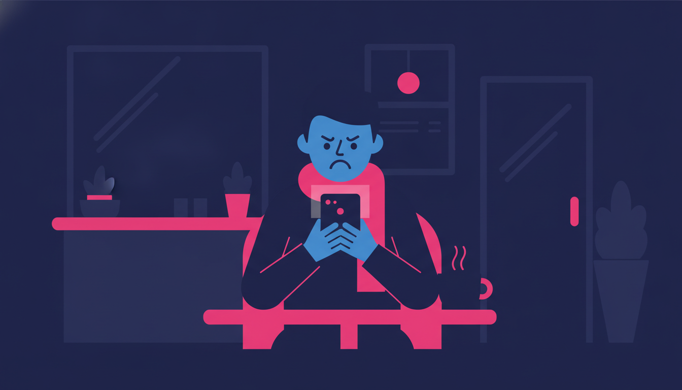 a person looking frustrated at their smartphone while sitting at a cafe table with a coffee cup nearby