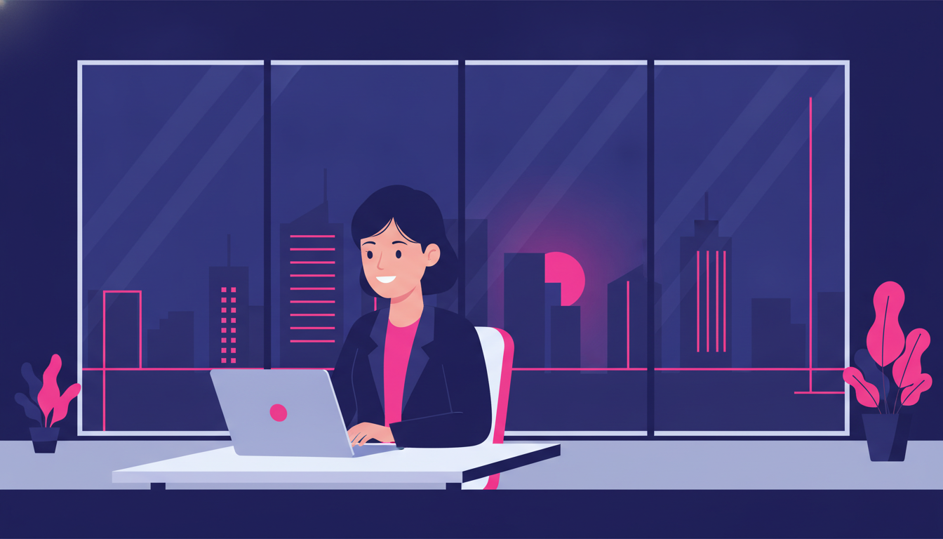 a young Indonesian professional smiling while working on a laptop inside a modern open-plan office in a foreign city, with floor-to-ceiling windows showing a cityscape outside