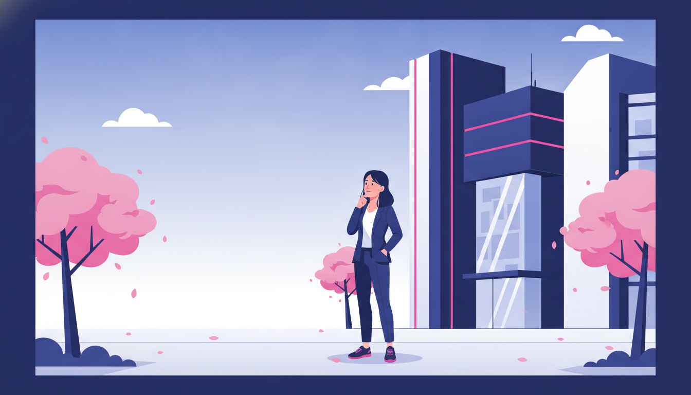 a young Indonesian professional in business casual attire looking at a modern Tokyo office building from the street, cherry blossom trees nearby
