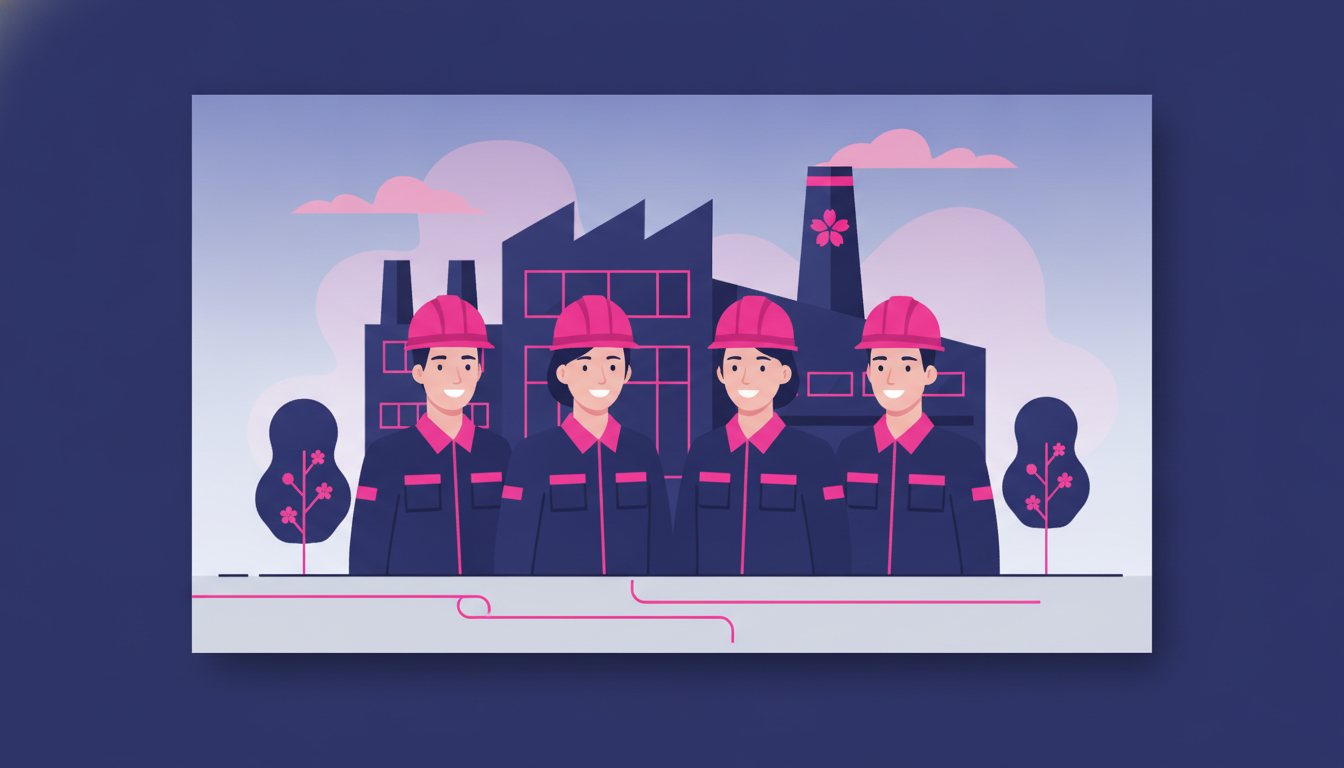 a group of young Indonesian workers in uniform smiling together outside a Japanese factory or warehouse facility