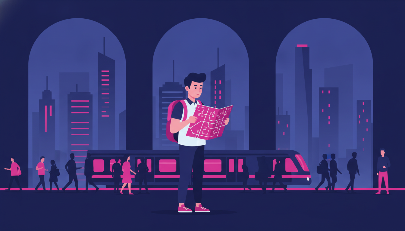 a young Indonesian student with a backpack standing at a busy Singapore MRT station, looking at a city map with skyscrapers visible through the window