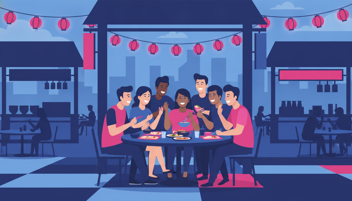 a group of diverse university students eating together at a colorful hawker centre in Singapore, laughing and sharing food trays
