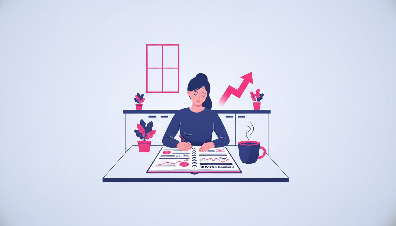 Mengapa Literasi Keuangan Diperlukan dalam Kehidupan Sehari-hari 2 a young Indonesian woman sitting at a kitchen table reviewing her personal finance notebook with a pen and a cup of coffee beside her