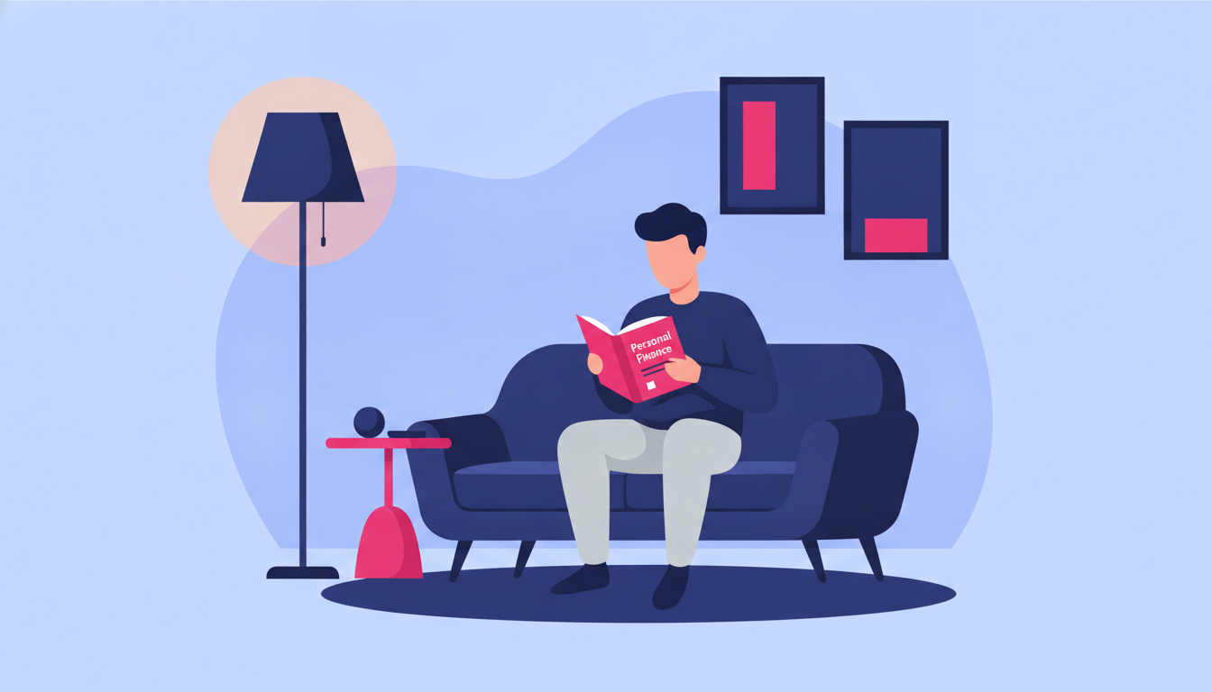 Mengapa Literasi Keuangan Diperlukan dalam Kehidupan Sehari-hari 4 a young Indonesian man reading a personal finance book while sitting on a comfortable sofa at home with a warm lamp light
