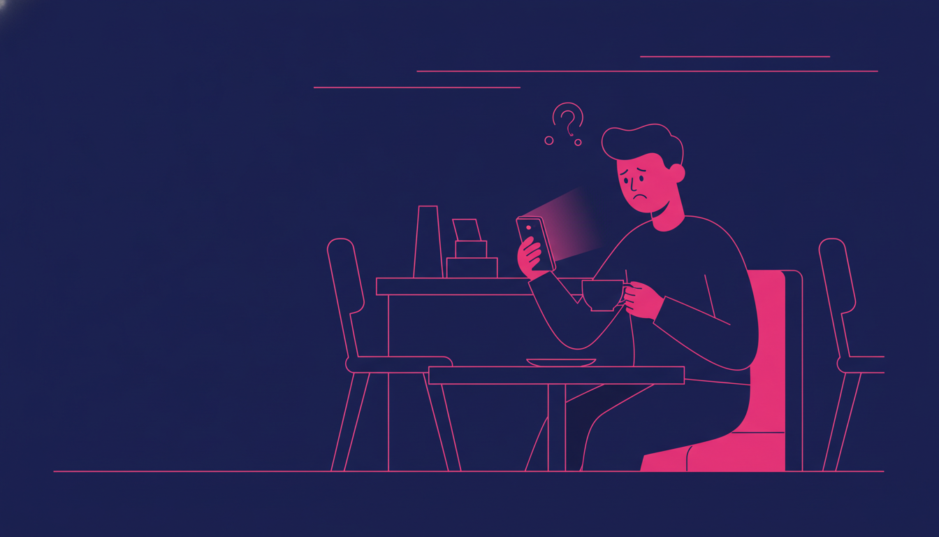 a person sitting at a cafe table, looking at their smartphone with a confused expression while holding a coffee cup