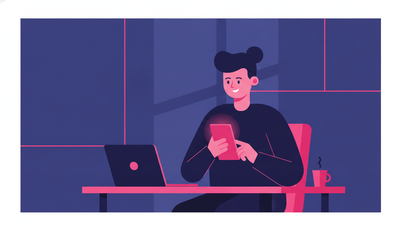 a calm and reassured person smiling while checking their phone at a well-lit modern workspace