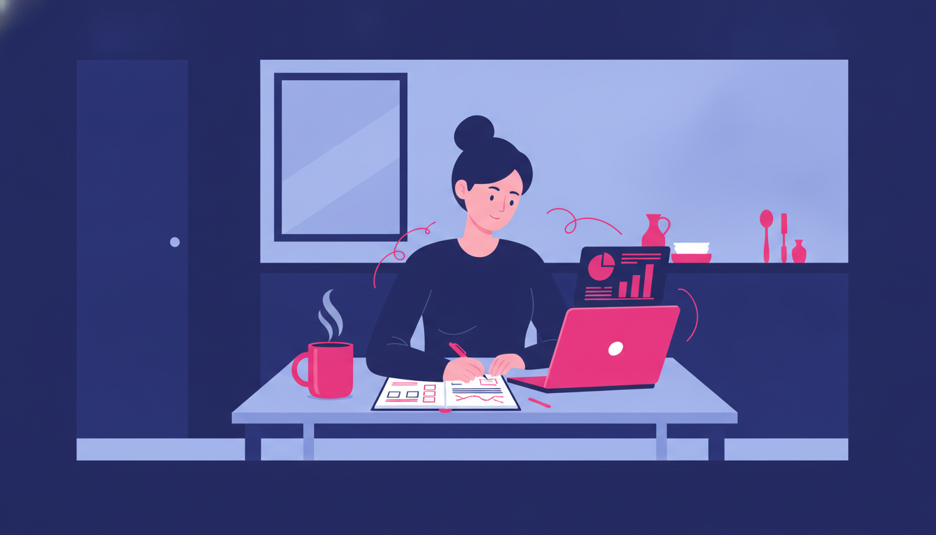 a young woman sitting at a kitchen table reviewing personal budget notes with a coffee mug nearby