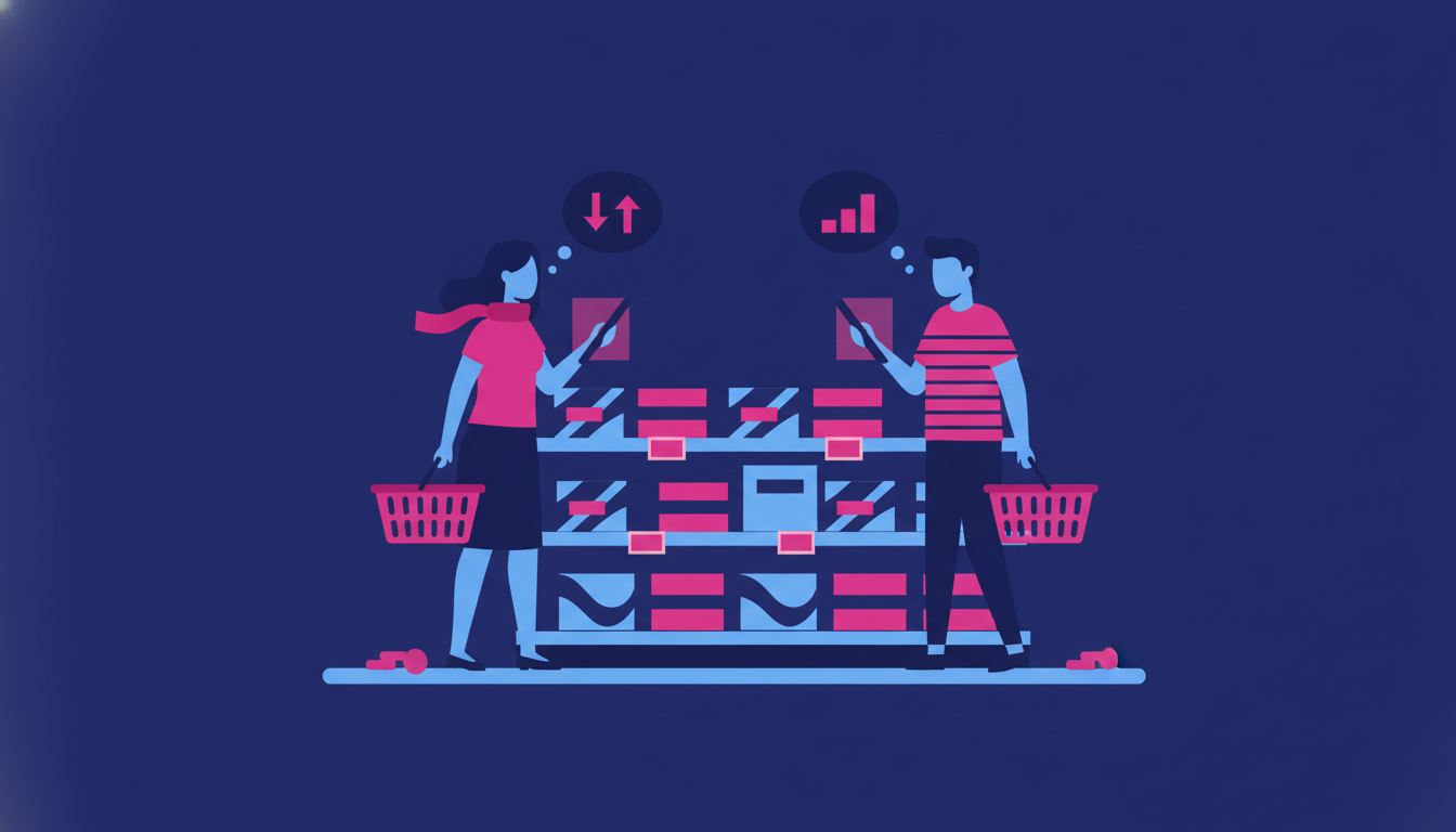 a couple comparing grocery prices in a supermarket aisle, looking at product labels thoughtfully