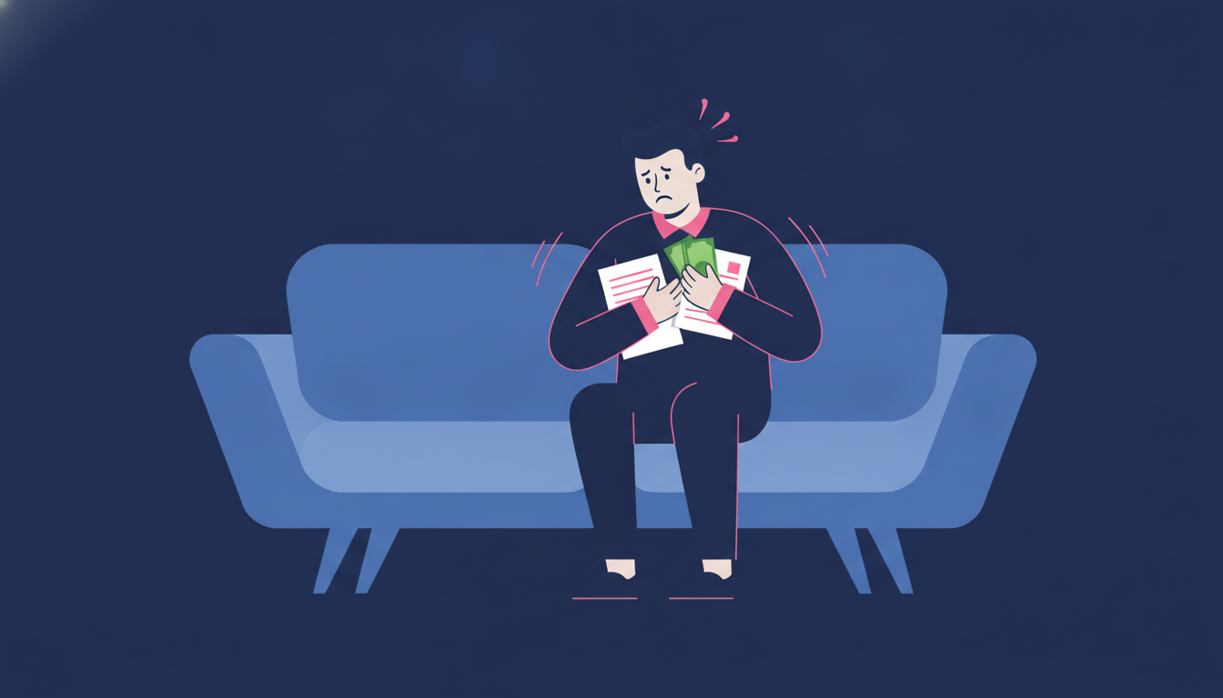 a man sitting on a couch looking worried while holding several bills and paperwork