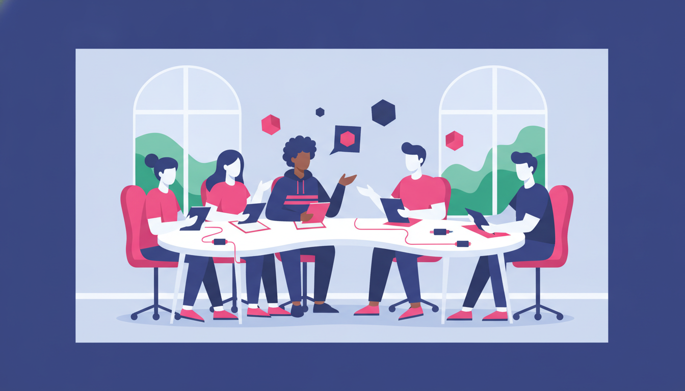 a diverse group of students sitting together in a bright modern classroom, taking notes and talking to each other