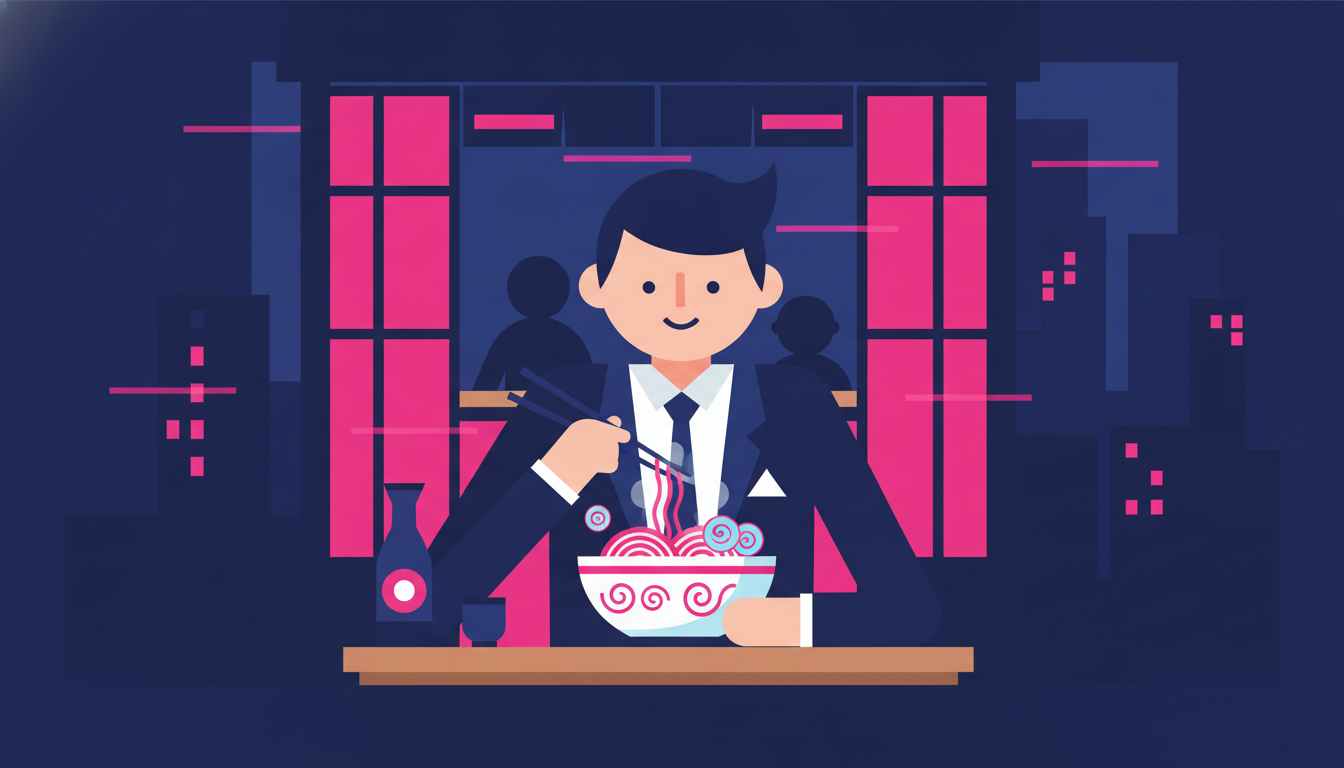 Why Work in Japan: Top Reasons to Build Your Career There 4 a young professional enjoying ramen at a cozy Japanese restaurant after a workday in a busy city neighborhood
