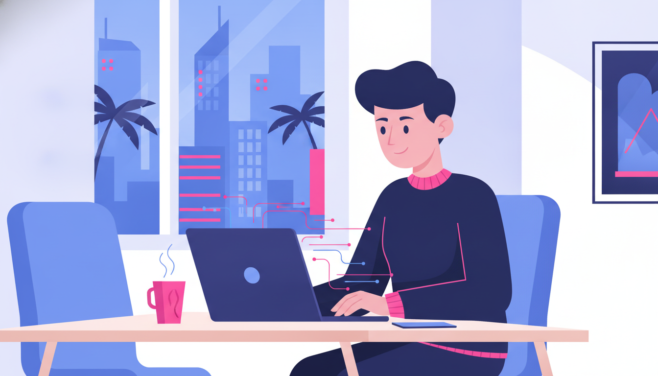 a young professional sitting at a laptop in a bright modern coworking space in a foreign city, looking motivated and focused