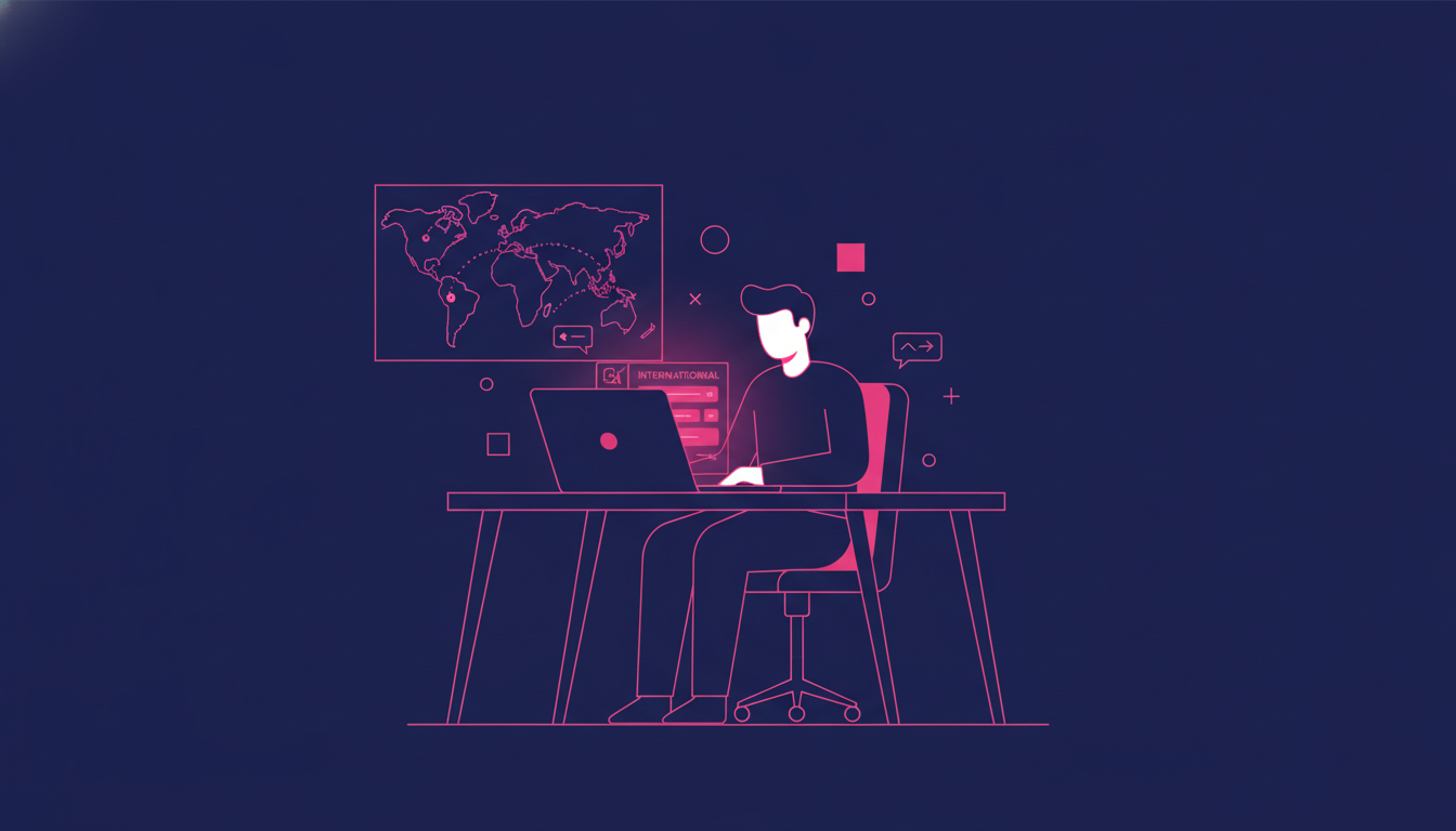 Apa Itu Kode SWIFT? Panduan Lengkap untuk Pemula 2 a person sitting at a desk in a modern office filling out an international bank transfer form on a laptop, with a world map visible on the wall behind them