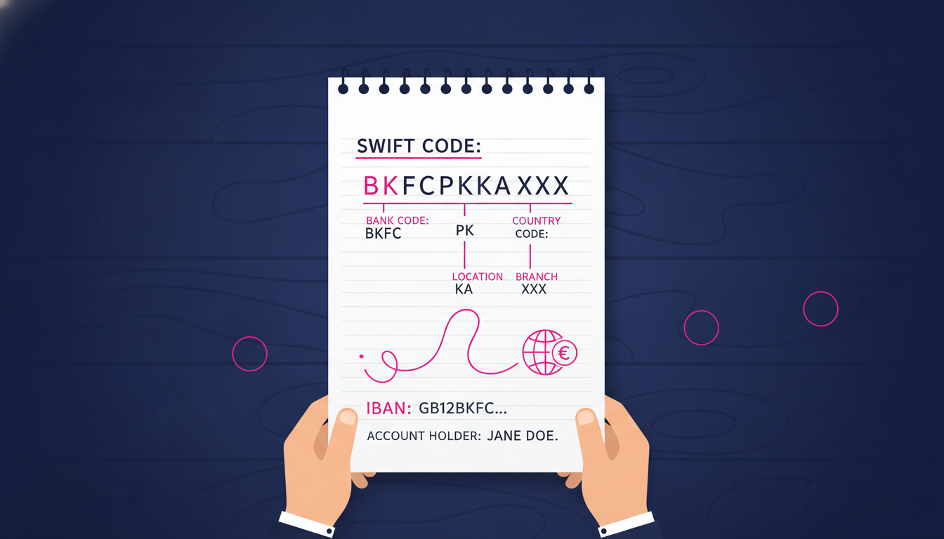 Apa Itu Kode SWIFT? Panduan Lengkap untuk Pemula 3 a close-up of a handwritten bank details sheet on a wooden table showing a swift code breakdown with labeled sections, held by a person's hands