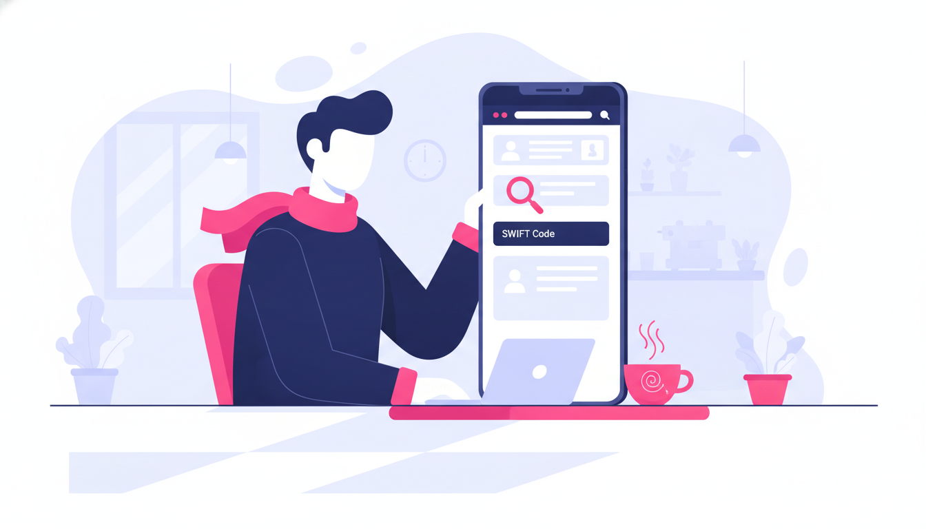 Apa Itu Kode SWIFT? Panduan Lengkap untuk Pemula 4 a person using a smartphone to browse a bank's official website looking for swift code information, sitting in a bright cafe