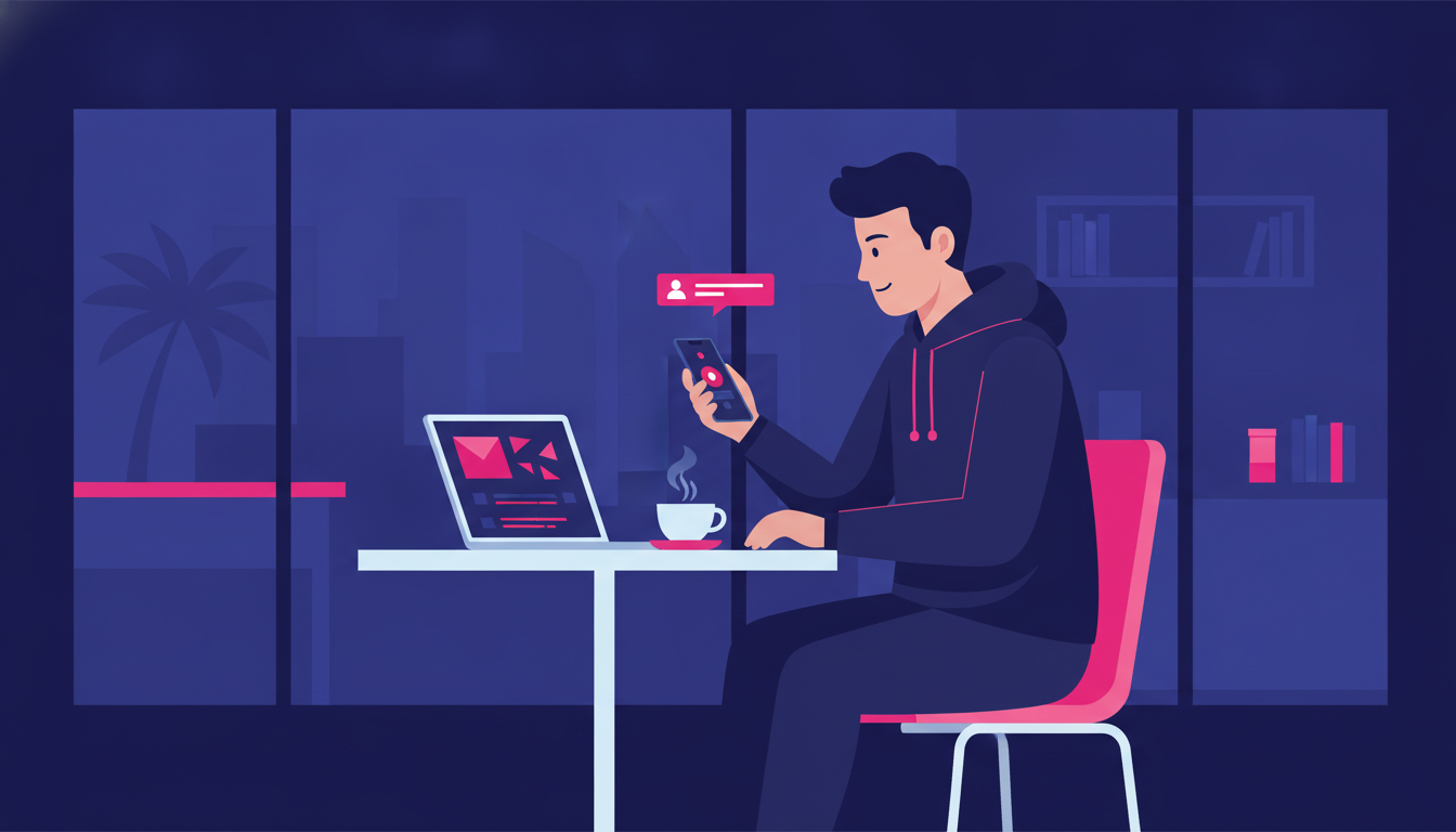 a young Indonesian man sitting at a cafe abroad, looking at his phone and laptop while managing a bank transfer app