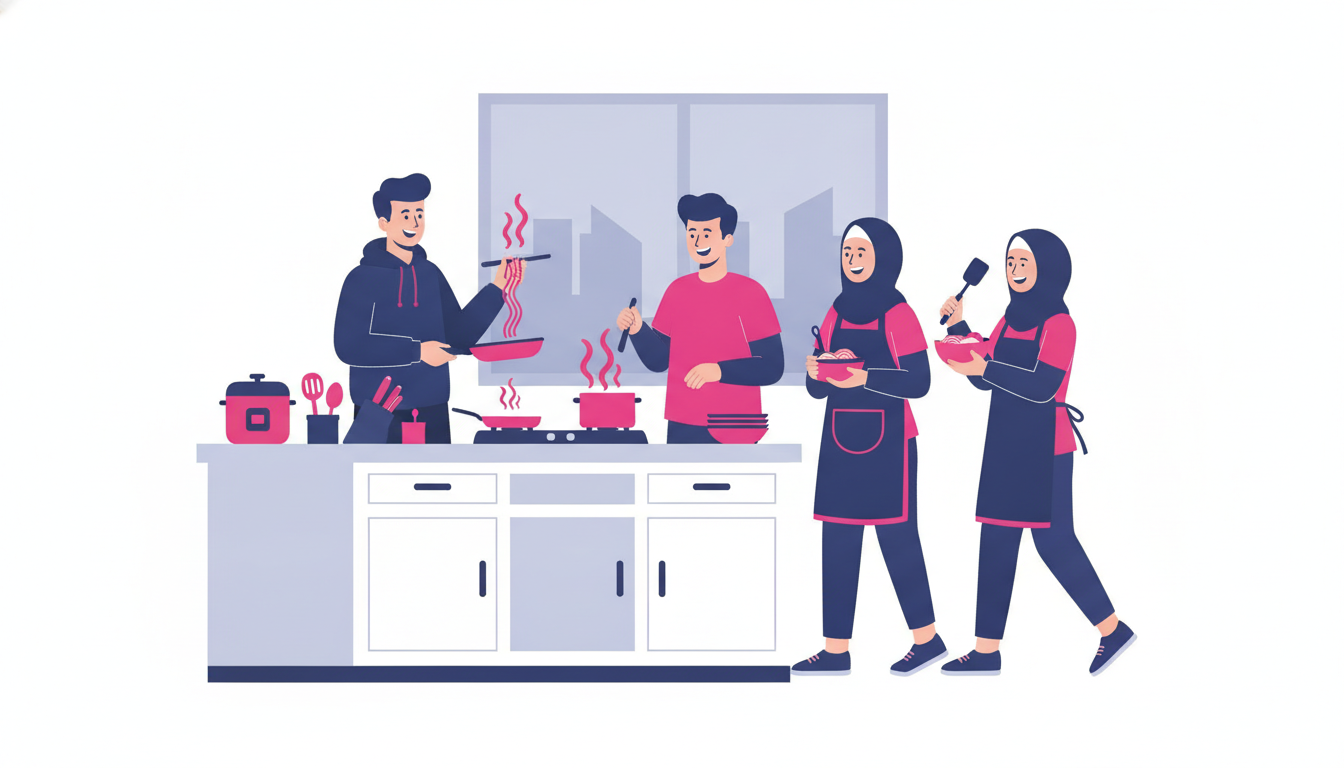 a group of Indonesian students cooking together in a shared apartment kitchen abroad, laughing and sharing food