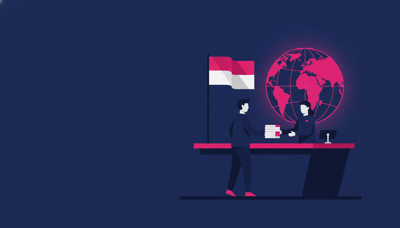 a person at an overseas bank counter handing documents to a teller, with a globe and Indonesian flag visible in the background