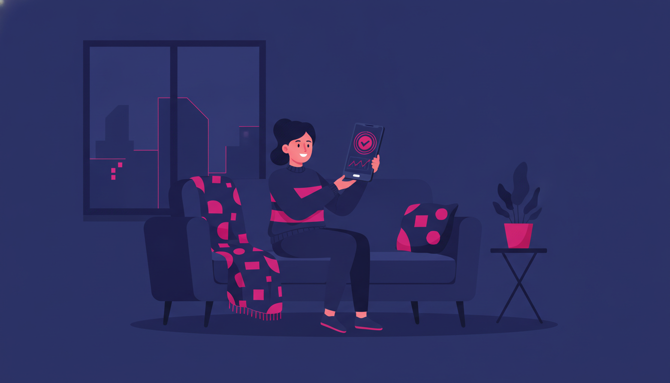 a smiling young Indonesian woman checking her smartphone showing a successful money transfer notification, sitting in a cozy overseas apartment